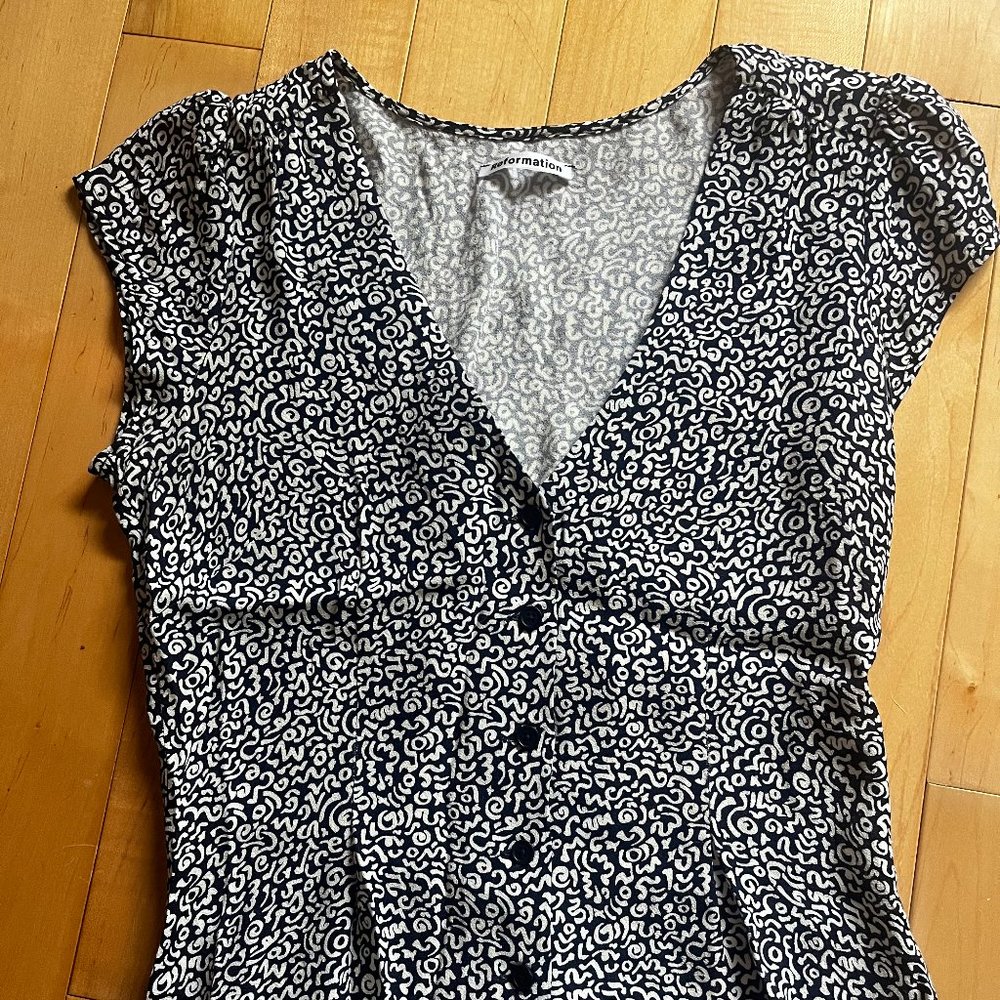 Reformation Navy and White Patterned Blouse